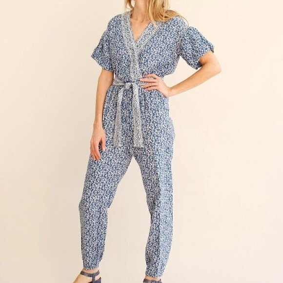 Ulla Johnson Pants - Ulla Johnson Reiko Blue Floral Patchwork Shibori Cotton Belted Jumpsuit US 0 